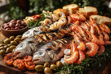 Mediterranean seafood feast featuring fresh fish, prawns, calamari, and mussels laid out on a vibrant coastal table