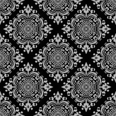 Vector Damask seamless Pattern with Grey Motifs on Black Background. 