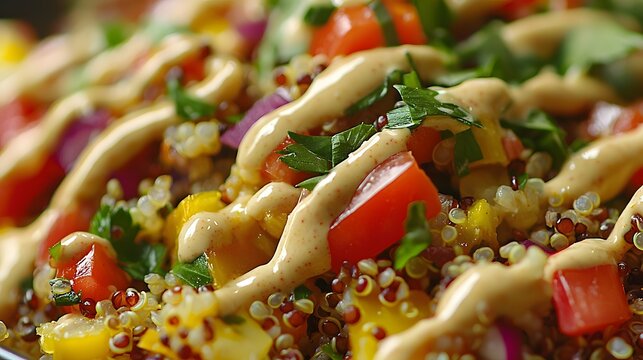 Close up of a vibrant and nutritious quinoa and vegetable bowl drizzled with a homemade dressing showcasing a delicious and balanced plant based meal