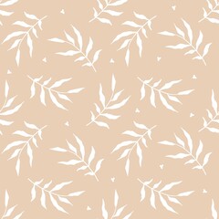 Obraz premium Floral pattern, boho pattern, seamless pattern, nude paper, fabric, botanical, digital paper, nude leaves, beige background, white leaves, outline leaves