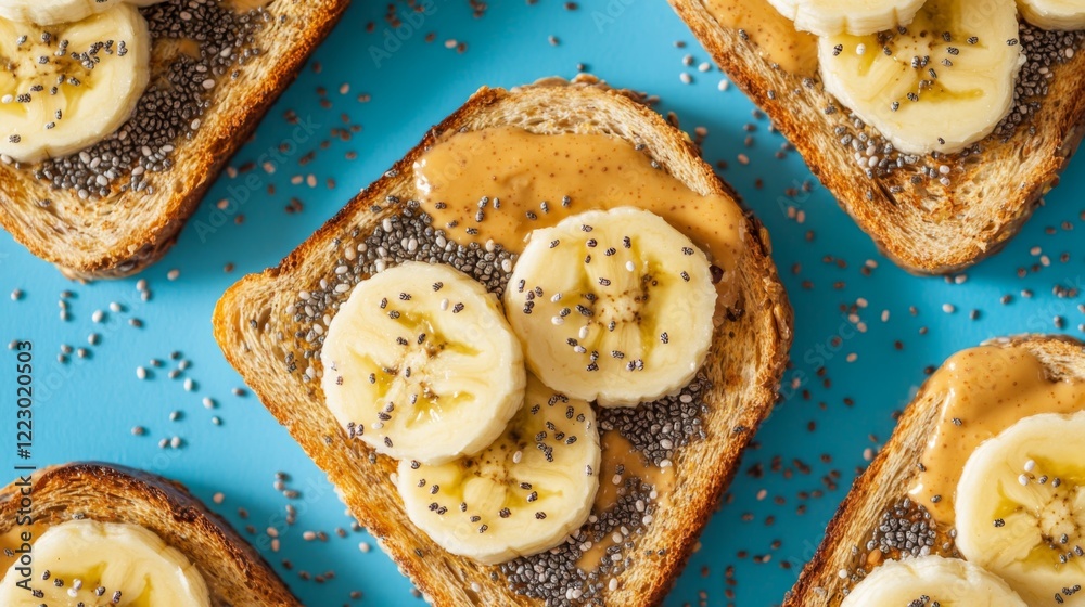 Poster a delightful image of toast with peanut butter and banana slices, sprinkled with chia seeds, arrange