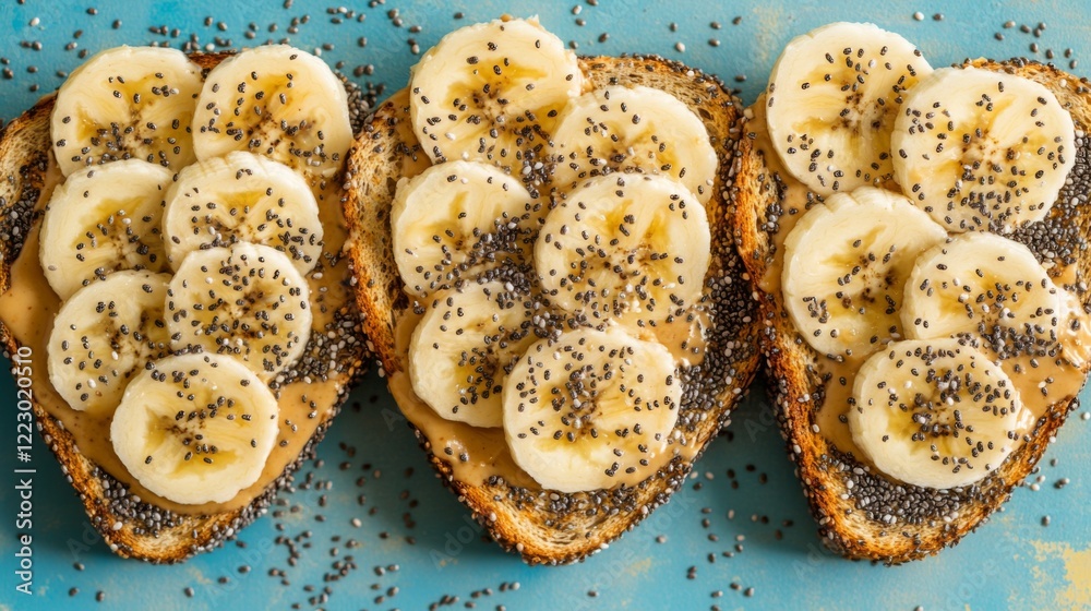 Poster a delightful image of toast with peanut butter and banana slices, sprinkled with chia seeds, arrange