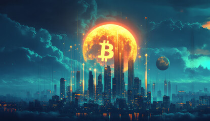 Fototapeta premium Futuristic cityscape at night, illuminated by a giant crypto-symbol moon.