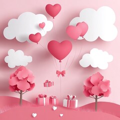 Romantic Valentine's Day illustration featuring heart-shaped balloon floating in sky above forest landscape with gift box descending. Pink color palette, heart-shaped clouds, red heart trees, paper ar