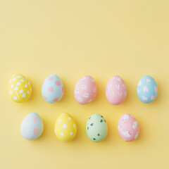 Fototapeta premium Easter egg painted in bright colors, close-up, yellow background, place for text