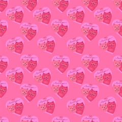 Illustration of a pattern on a pink background consisting of hearts with two kittens inside.