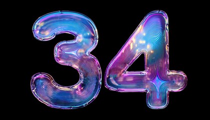 34 iridescent number thirty four,  isolated on black background - neon glowing number