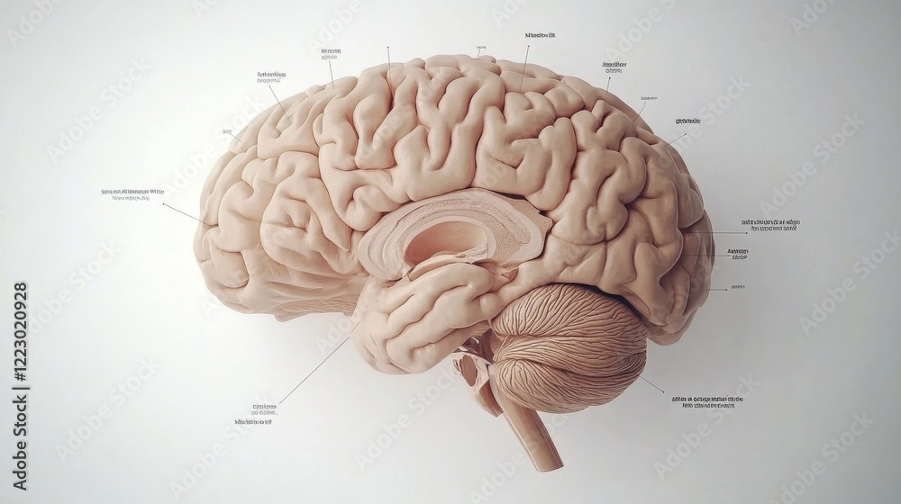 Fototapete A detailed cross-sectional view of a human brain with labeled parts, set against a clean white background, emphasizing its complexity and functions