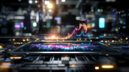 Obraz premium Futuristic digital display showing stock market trends and data analysis