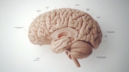 A detailed cross-sectional view of a human brain with labeled parts, set against a clean white background, emphasizing its complexity and functions