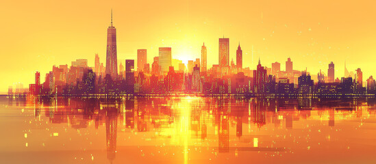 Fototapeta premium Golden Hour Cityscape Reflection.