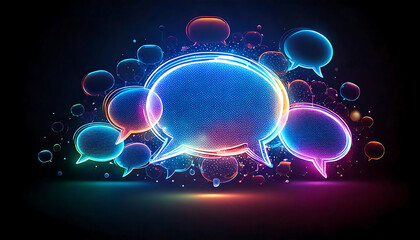 Vibrant, glowing speech bubbles in neon colors against a dark background.  Perfect for concepts of communication, social media, networking, or online chat.