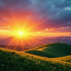Fototapeta premium Golden hour light bathes rolling hills, vibrant sunset colors paint the sky , evening, tranquil, stunning