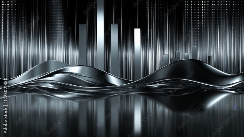 Aufkleber a digital bar graph with sleek, metallic colors, displayed on a black reflective background, with li