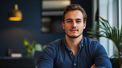 Obraz premium Confident Young Man Posing in Modern Workspace with Greenery