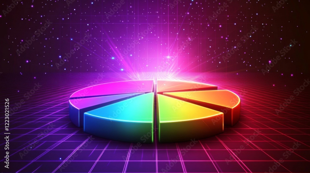 Aufkleber a digital pie chart with multicolored segments, glowing slightly against a dark grid background, con