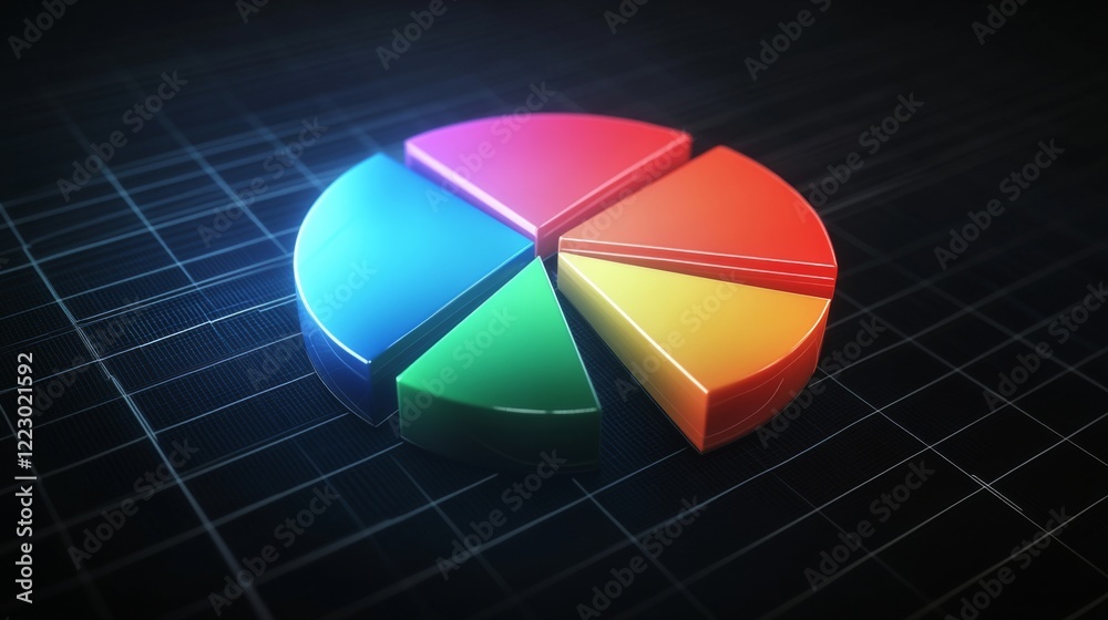Aufkleber A digital pie chart with multicolored segments, glowing slightly against a dark grid background, conveying a high-tech financial data concept