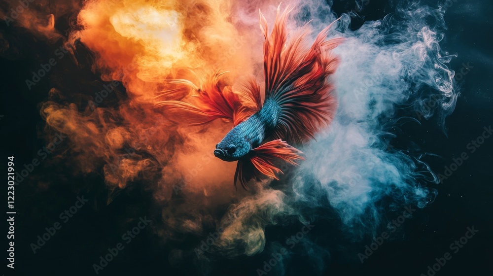 Poster a dramatic image of a betta fish flaring its fins, displaying its vibrant colors and aggressive post