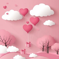Romantic Valentine's Day illustration featuring heart-shaped balloon floating in sky above forest landscape with gift box descending. Pink color palette, heart-shaped clouds, red heart trees, paper ar