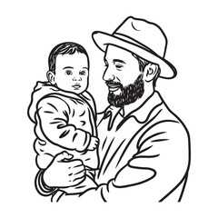 Parent Carrying Infant Outline Art - Man Holding Child Vector - Man Holding Child Doodle - Caregiving Illustration - Man Holding Child Line Art
