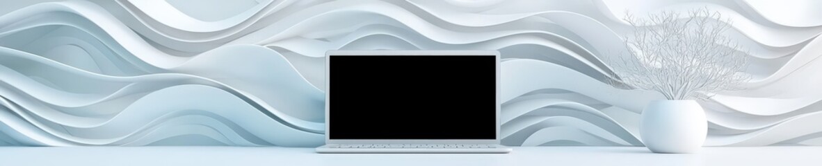 Naklejka premium Modern Laptop on Minimalist Desk with Wave Design