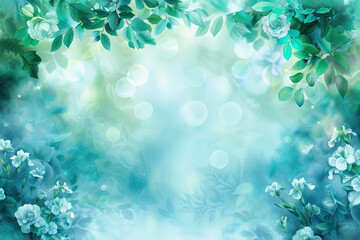 Dreamy floral background with soft green and blue tones, featuring roses and leaves