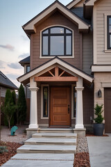 Obraz premium Modern Home Exterior: Architectural Design and Landscaping. Luxury Real Estate Property with Stunning Facade and Entrance. Contemporary Home Design.