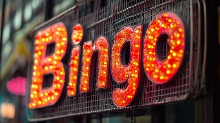 Brightly lit bingo sign attracting players to a game night event at a local venue in the evening