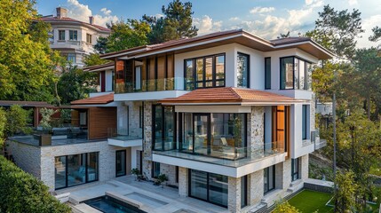 Fototapeta premium Modern Luxury House with Glass Facades and Scenic Landscape