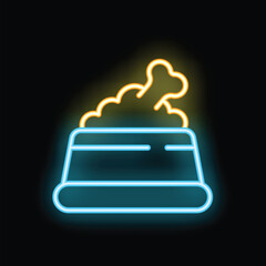 Bright glowing neon icon of a dog food bowl full of food with a bone on top