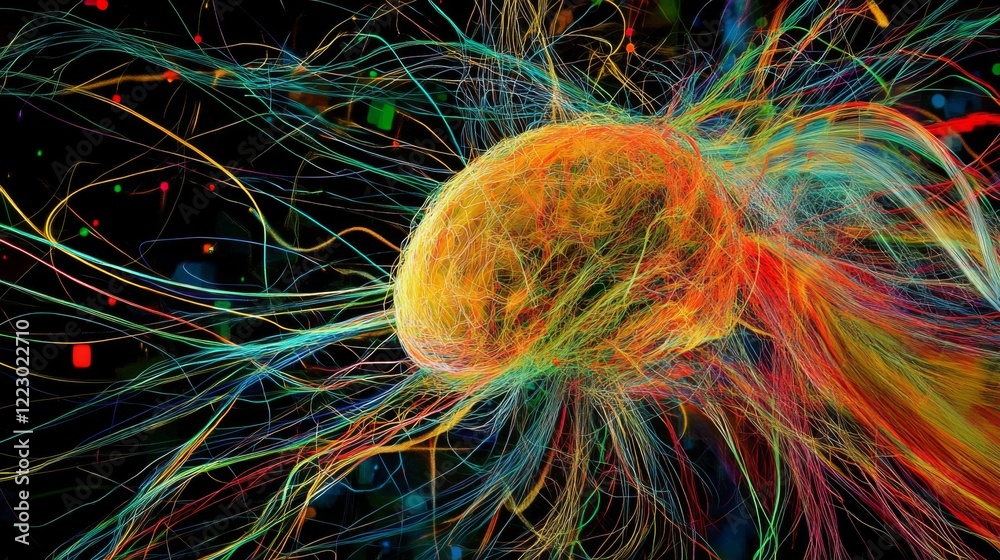 Aufkleber A dynamic image of a brain connected to colorful wires, representing the flow of information and technology, set against a dark, tech-inspired background