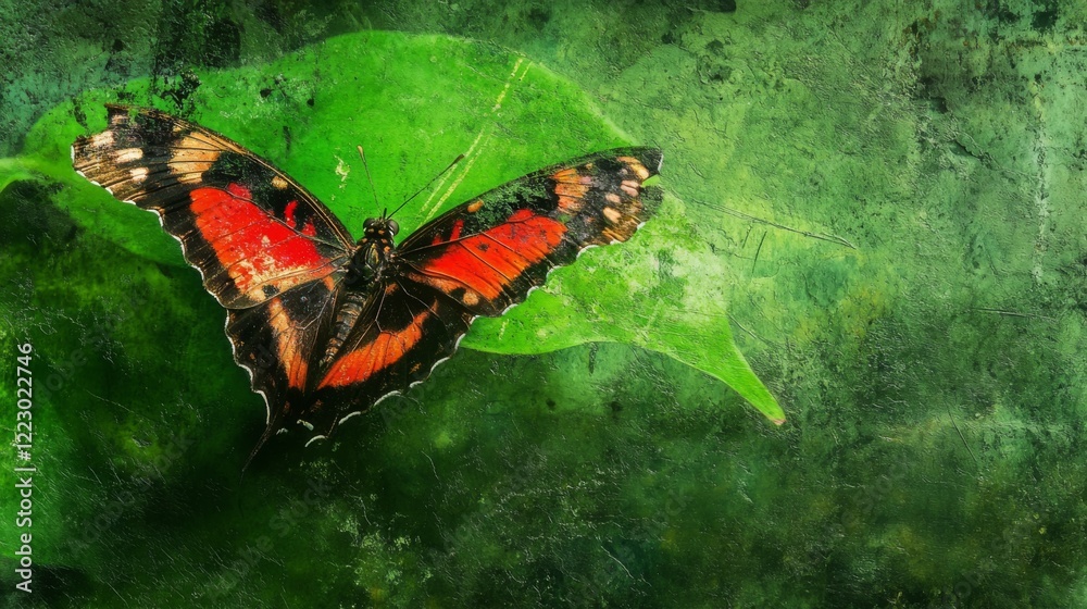 Poster a dynamic image of a butterfly perched delicately on a bright green leaf, showcasing its colorful wi