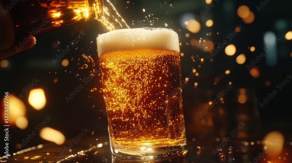 Poster A dynamic image of a pint of beer being poured into a glass, with droplets of liquid splashing and creating a lively and energetic scene