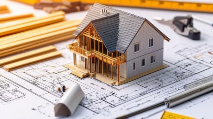 Architectural Model of House on Blueprints with Construction Tools