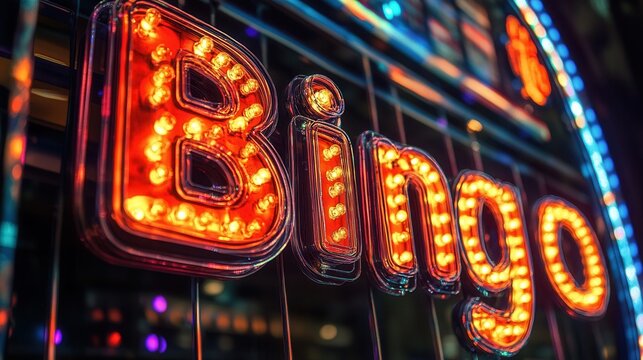 Brightly lit bingo sign at a lively community event during evening hours
