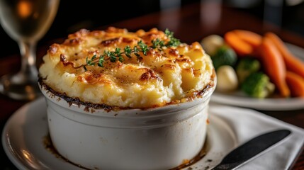 A classic Shepherd's Pie garnished with fresh thyme and served with steamed vegetables on the side