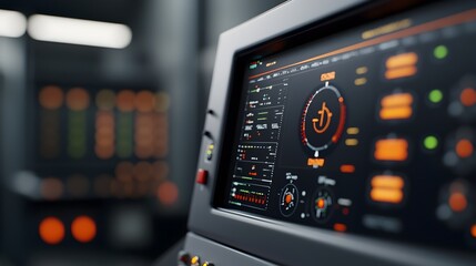 Detailed view of a modern high tech industrial control room monitoring dashboard interface displaying real time data analytics process controls
