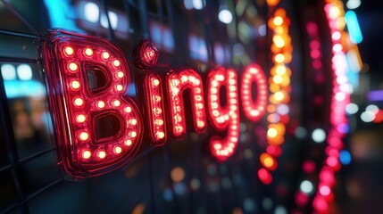 Neon bingo sign illuminates vibrant arcade at night with colorful lights and excitement