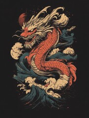 Majestic Dragon Rising from Waves in Vibrant Traditional Art