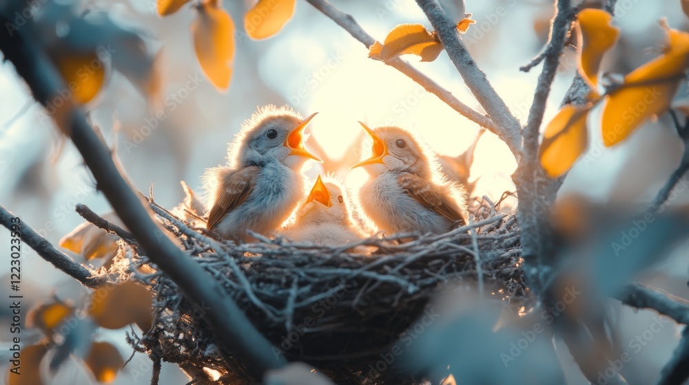 Poster a dynamic photograph of a nest with baby birds chirping, framed by branches and leaves, capturing th