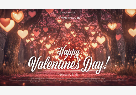Celebrate Love with Heart-Shaped Trees: Enchanting Valentines Day Template for a Romantic Forest Path Filled with Pink and Red Hearts