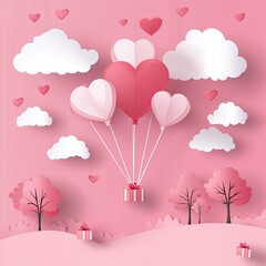 Romantic Valentine's Day illustration featuring heart-shaped balloon floating in sky above forest landscape with gift box descending. Pink color palette, heart-shaped clouds, red heart trees, paper ar