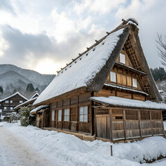 Big Hut Covered in Snow at Shirakawa go Japan