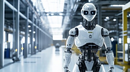 A full-body perspective of a humanoid robot with a metallic finish and detailed joints, standing in a modern industrial setting, Industrial style
