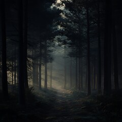 Naklejka premium Dark Forest Path at Night Mysterious Fog, Light Beams, and Tall Trees