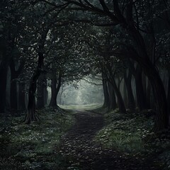 Fototapeta premium Dark Forest Path A Mysterious and Serene Pathway Through Deep Woods
