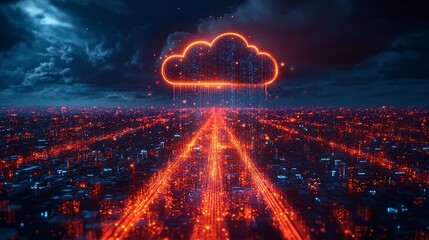 Futuristic Cloud Based Data Center in Vibrant Digital Landscape with Holographic Data Streams