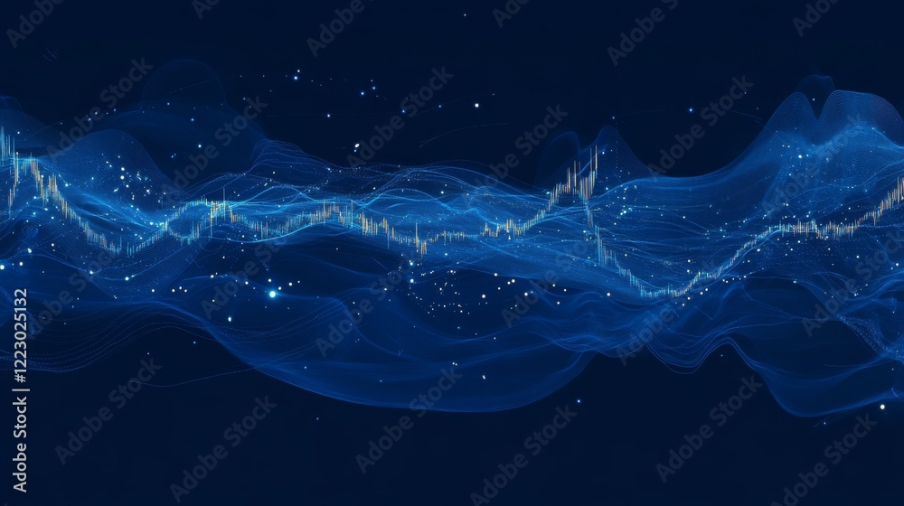 Leinwandbilder A financial stock market graph with fluctuating lines and bar indicators, set against a deep blue background with glowing data points and gridlines