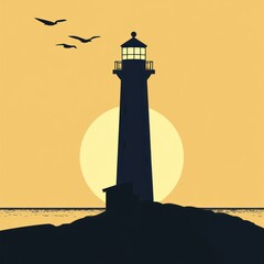 Coastal Lighthouse Silhouette at Sunset With Birds Flying