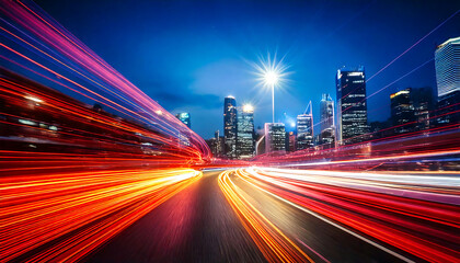 Obraz premium Dynamic city nightscape with vibrant light trails streaking across a highway, showcasing speed and urban energy. Perfect for illustrating themes of technology, progress, and fast-paced modern life.